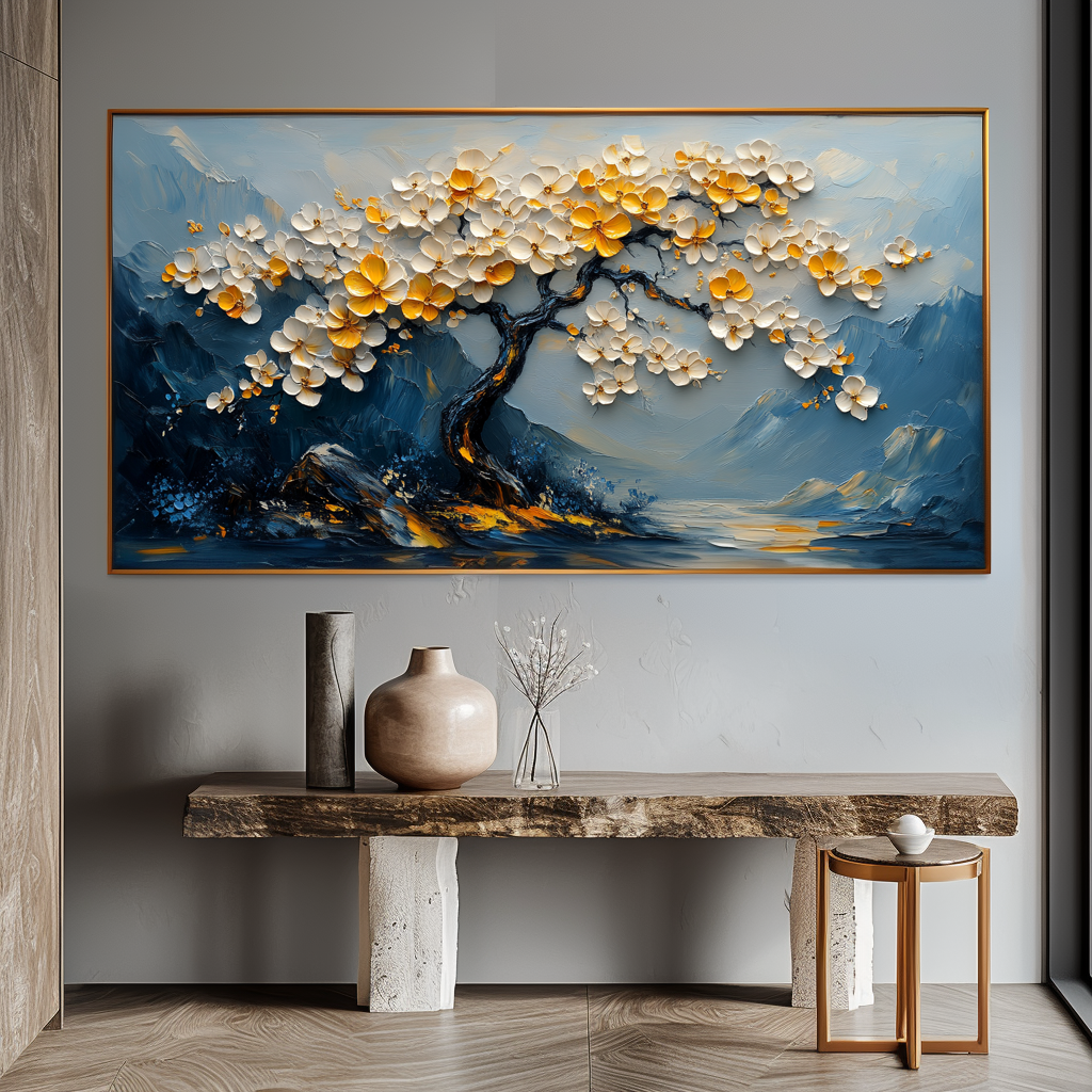 Serene Blossom-Hand-Painted Texture Floral Tree Wall Art#FL10045