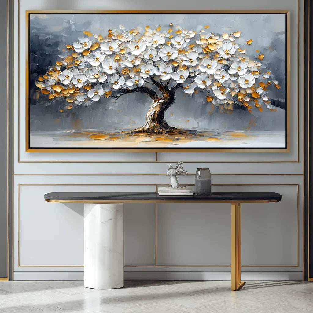 Blossom Symphony-Modern Interior Design Golden White Tree of Life Texture Wall Art