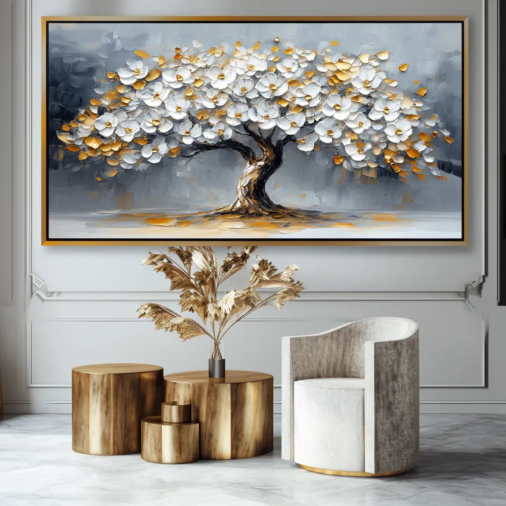 Blossom Symphony-Modern Interior Design Golden White Tree of Life Texture Wall Art