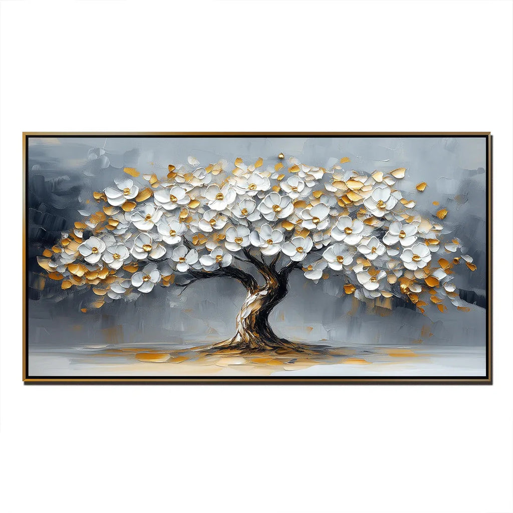 Blossom Symphony-Modern Interior Design Golden White Tree of Life Texture Wall Art