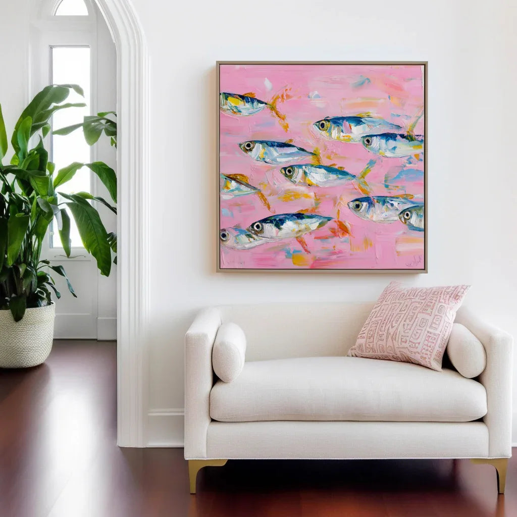 School of Fish Rhythm - Modern Home Decor Pink Abstract Fish School Wall Art