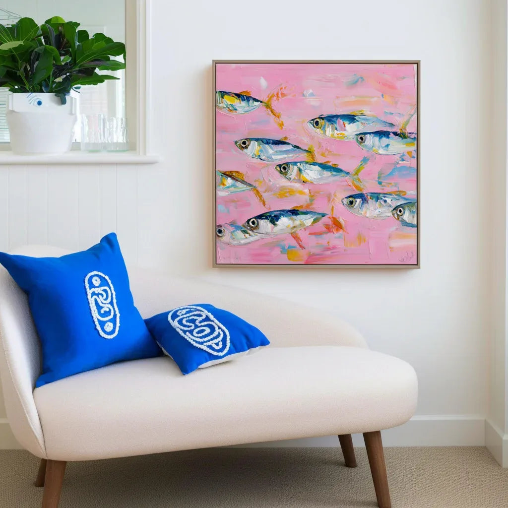School of Fish Rhythm - Modern Home Decor Pink Abstract Fish School Wall Art