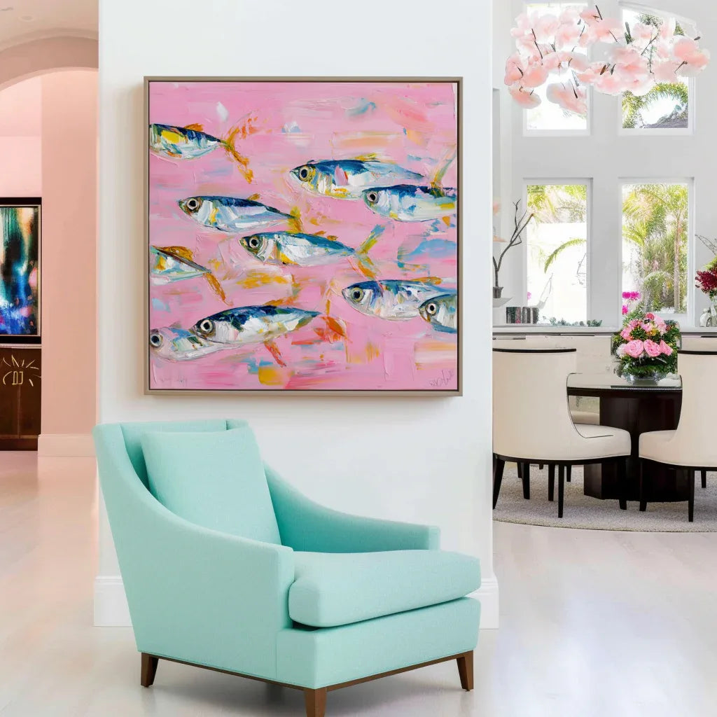 School of Fish Rhythm - Modern Home Decor Pink Abstract Fish School Wall Art