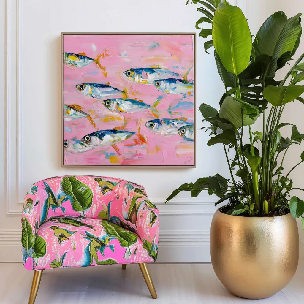 School of Fish Rhythm - Modern Home Decor Pink Abstract Fish School Wall Art