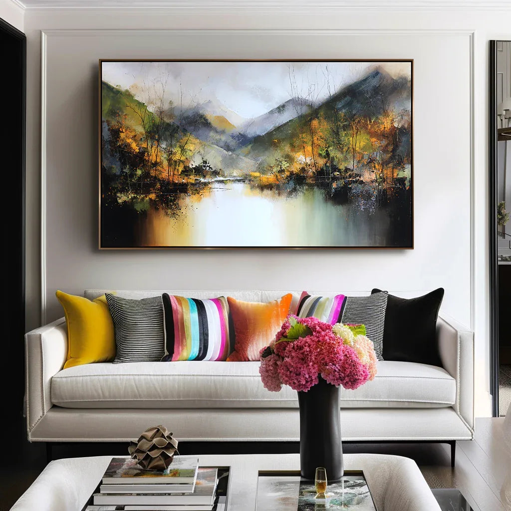 Echoes of Autumn – Hand-Painted Mountain Lake Reflection Landscape Wall Art
