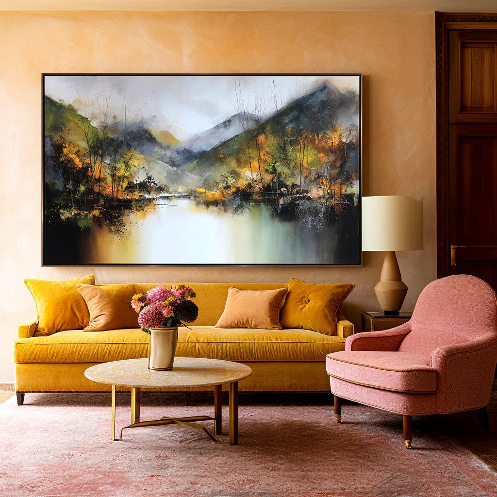 Echoes of Autumn – Hand-Painted Mountain Lake Reflection Landscape Wall Art