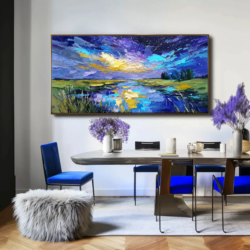 Celestial Reflection – Textured Night Sky Landscape Painting, Hand-Painted Canvas Art for Modern Interiors
