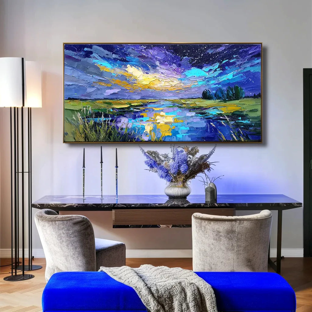 Celestial Reflection – Textured Night Sky Landscape Painting, Hand-Painted Canvas Art for Modern Interiors
