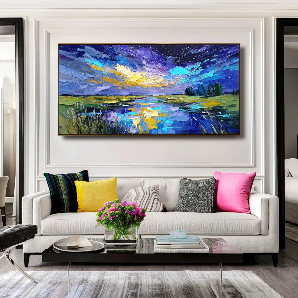 Celestial Reflection – Textured Night Sky Landscape Painting, Hand-Painted Canvas Art for Modern Interiors