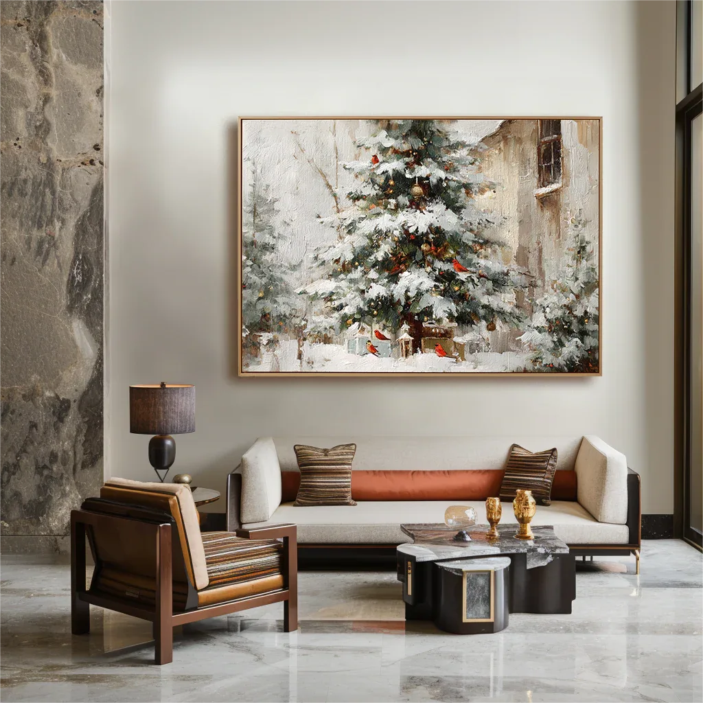 artextured – Christmas Eve Charm | Snowy Tree with Cardinals Textured Oil Painting