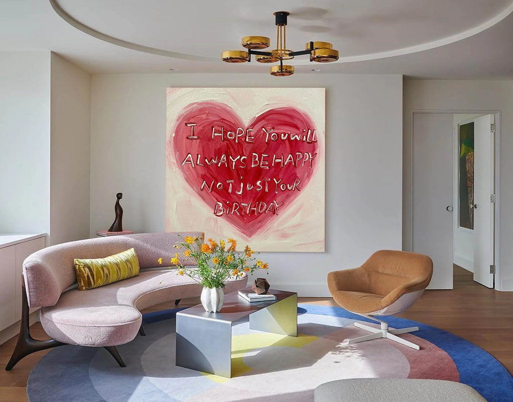 Heartfelt Red Abstract Oil Painting – Inspirational Birthday Text Art