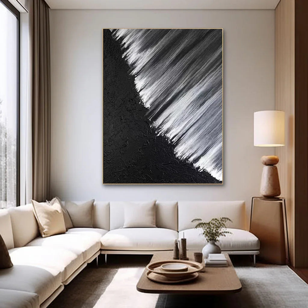 Monochrome Cascade-Hand Drawn Black and White Oblique Texture Abstract Wall Art