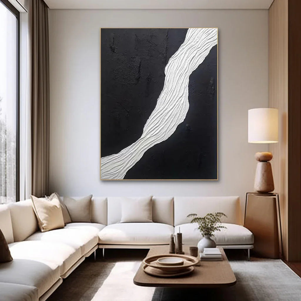 Divided Harmony-Black and White Flowing Abstract Hand-Painted Oil Painting Wall Art
