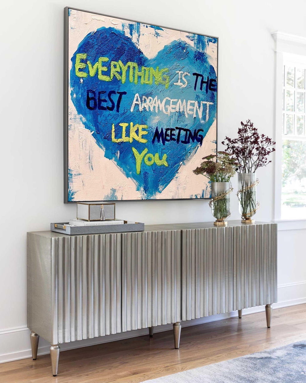 Blue Heart Abstract Oil Painting – Blue Heart 3D Graffiti Inspirational Text Wall Art