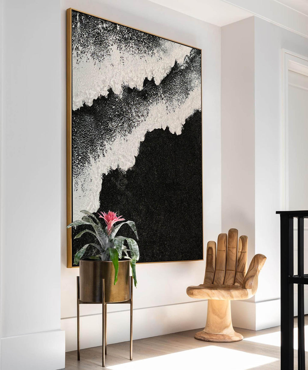 Dimensional Texture-Abstract Black and White Ocean Wave Textured Canvas Art