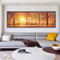 Large Golden Forest Sunrise Painting - Panoramic Abstract Landscape Wall Art
