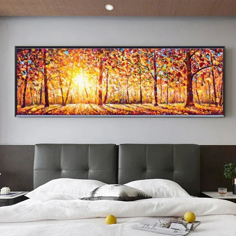 Large Golden Forest Sunrise Painting - Panoramic Abstract Landscape Wall Art