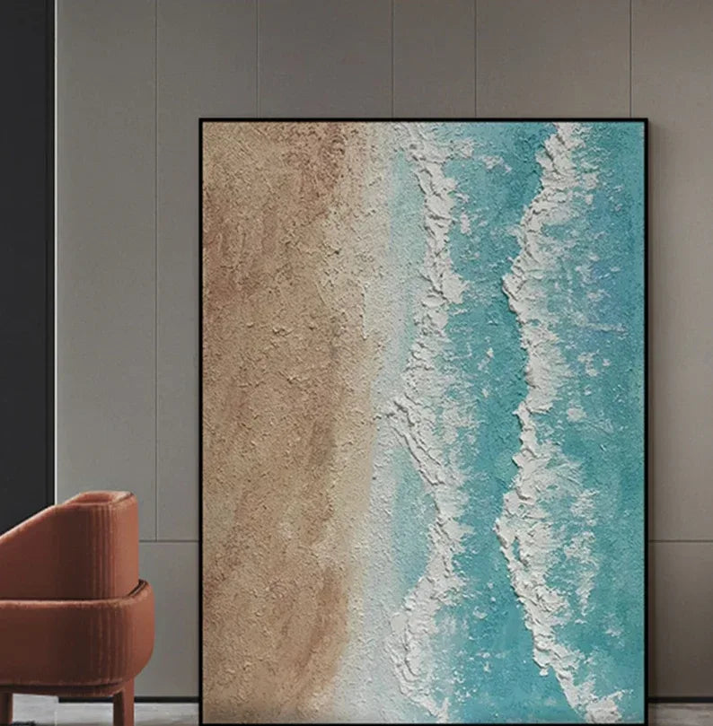 Light Tone Beach Art-Hand Drawn Natural Coastal Oil Wall Art in Modern Minimalist Homes