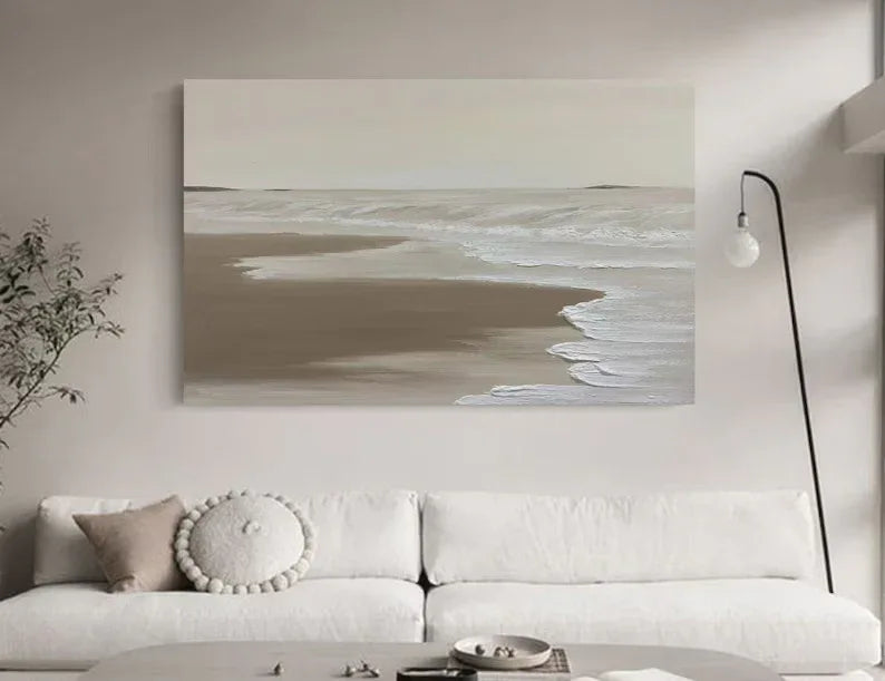 Calm Coastal Abstraction-Tranquil Shoreline Minimalist Oil Painting