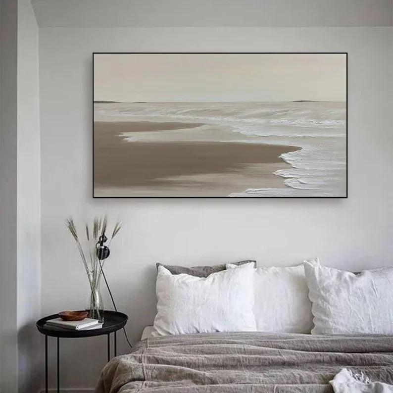 Calm Coastal Abstraction-Tranquil Shoreline Minimalist Oil Painting
