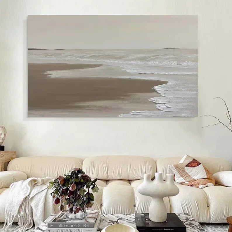 Calm Coastal Abstraction-Tranquil Shoreline Minimalist Oil Painting