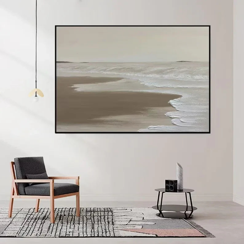 Calm Coastal Abstraction-Tranquil Shoreline Minimalist Oil Painting