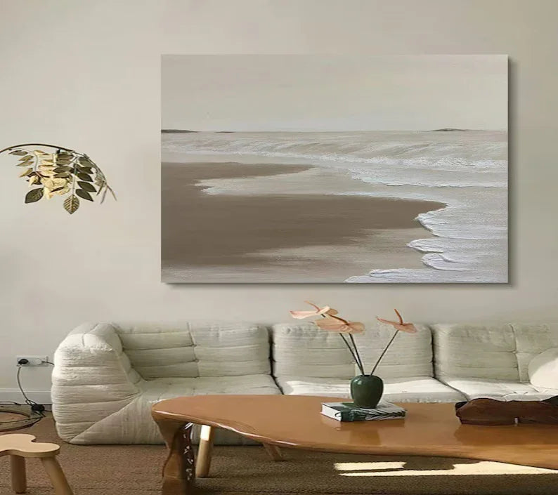 Calm Coastal Abstraction-Tranquil Shoreline Minimalist Oil Painting