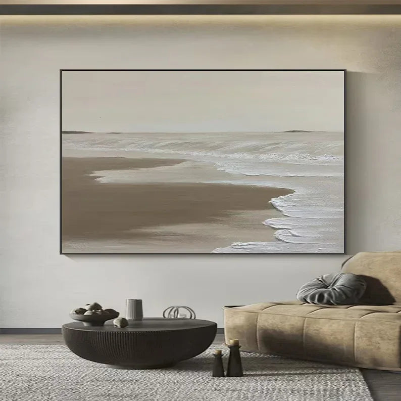 Calm Coastal Abstraction-Tranquil Shoreline Minimalist Oil Painting