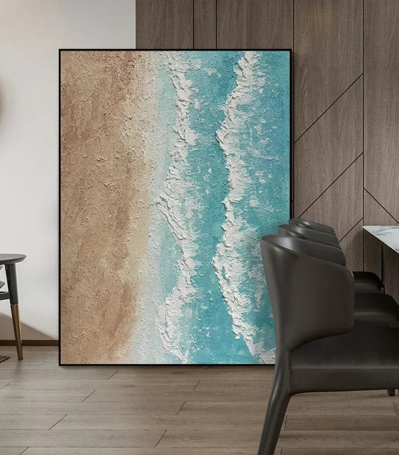 Light Tone Beach Art-Hand Drawn Natural Coastal Oil Wall Art in Modern Minimalist Homes