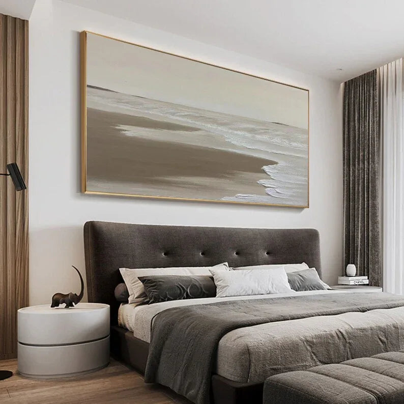 Calm Coastal Abstraction-Tranquil Shoreline Minimalist Oil Painting