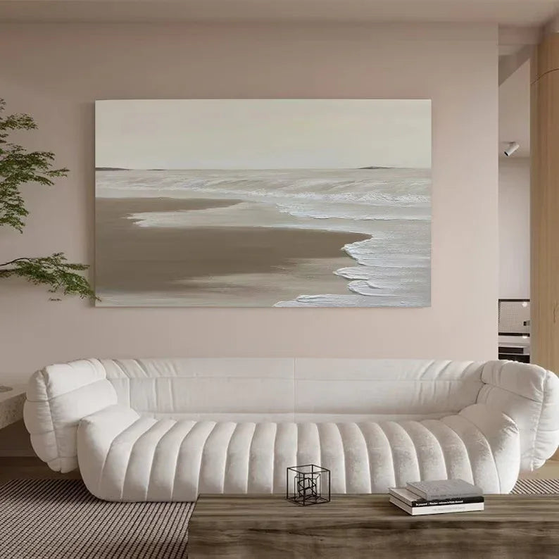 Calm Coastal Abstraction-Tranquil Shoreline Minimalist Oil Painting