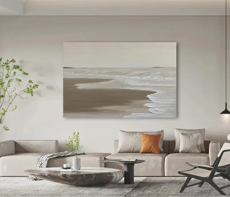 Calm Coastal Abstraction-Tranquil Shoreline Minimalist Oil Painting