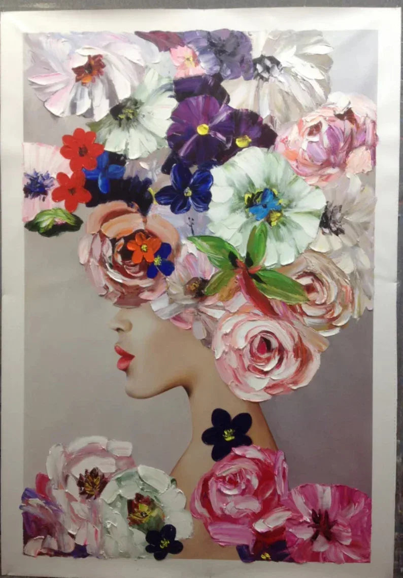 Floral Muse Canvas Portrait-Vertical Colorful Flower Portrait Abstract Texture Wall Art