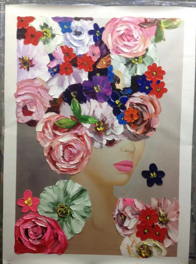 Floral Muse Canvas Portrait-Vertical Colorful Flower Portrait Abstract Texture Wall Art