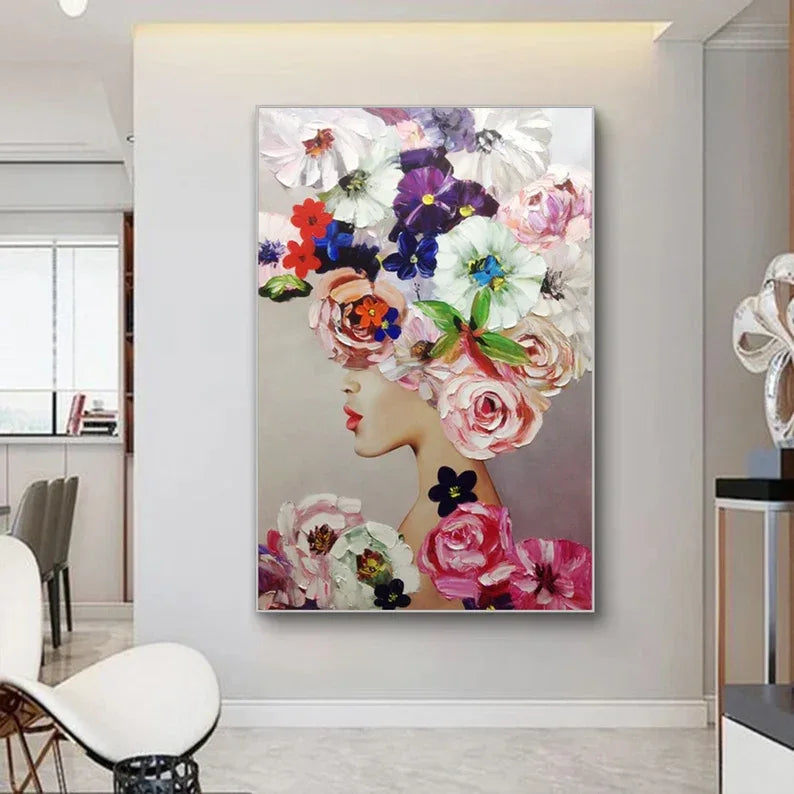 Floral Muse Canvas Portrait-Vertical Colorful Flower Portrait Abstract Texture Wall Art