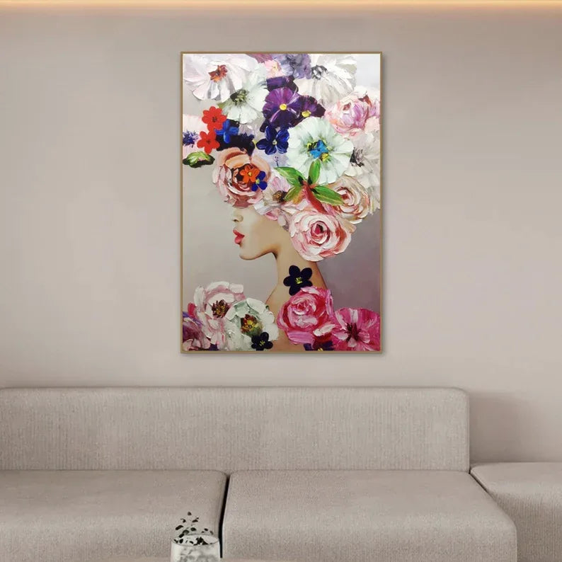 Floral Muse Canvas Portrait-Vertical Colorful Flower Portrait Abstract Texture Wall Art