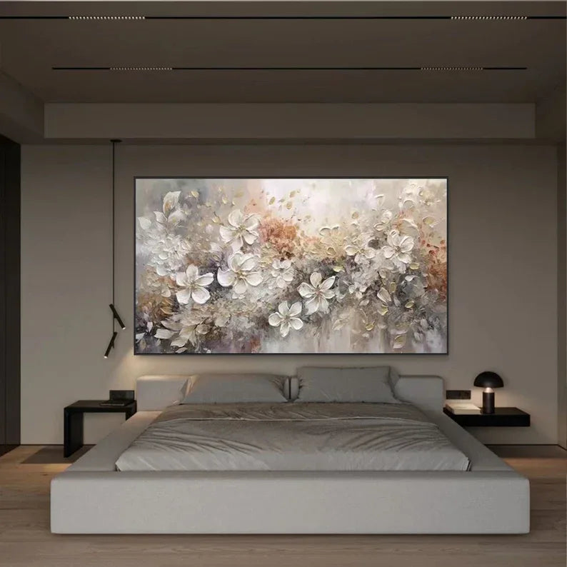 Elegant Bloom Symphony Canvas-Minimally Abstract Gold and White Floral Wall Art#FL10010