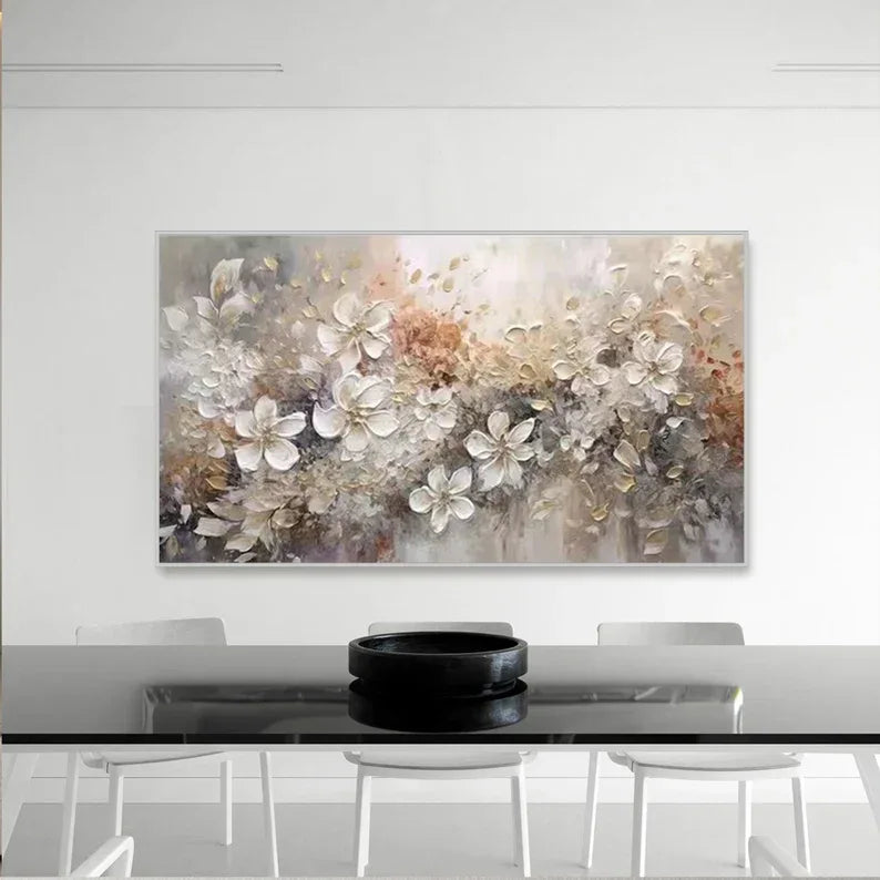 Elegant Bloom Symphony Canvas-Minimally Abstract Gold and White Floral Wall Art#FL10010