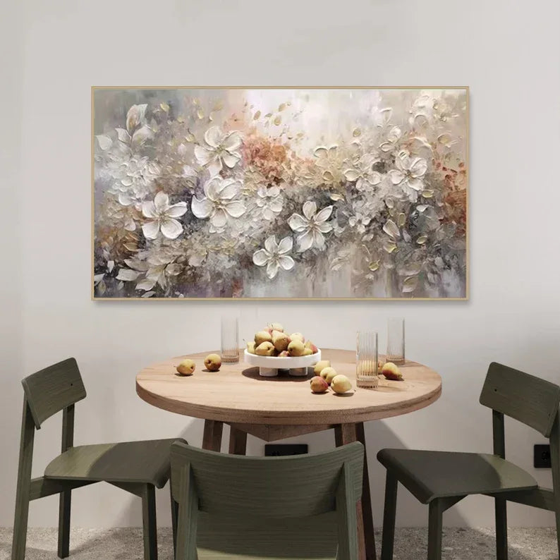 Elegant Bloom Symphony Canvas-Minimally Abstract Gold and White Floral Wall Art#FL10010