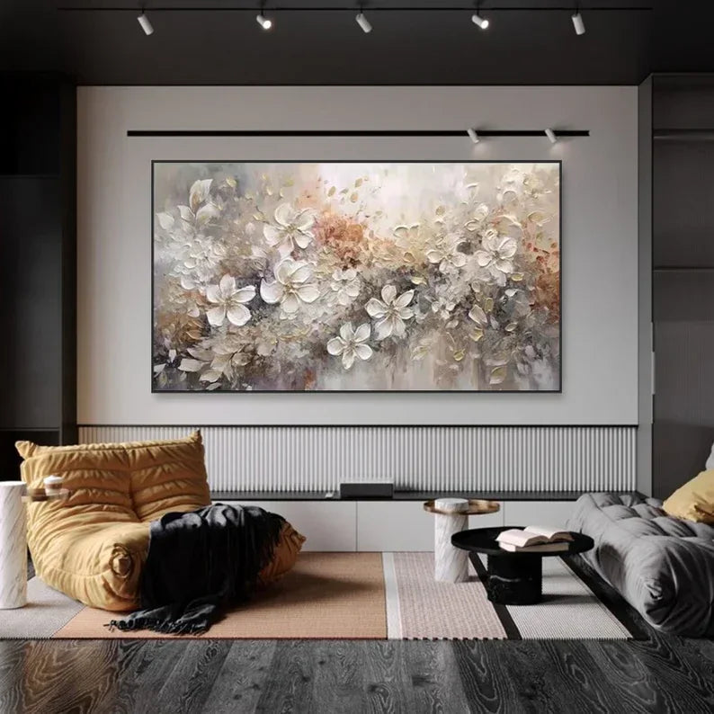 Elegant Bloom Symphony Canvas-Minimally Abstract Gold and White Floral Wall Art#FL10010