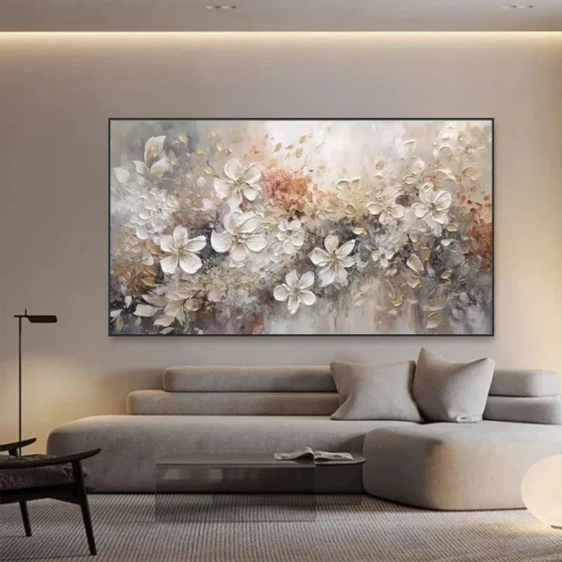 Elegant Bloom Symphony Canvas-Minimally Abstract Gold and White Floral Wall Art#FL10010