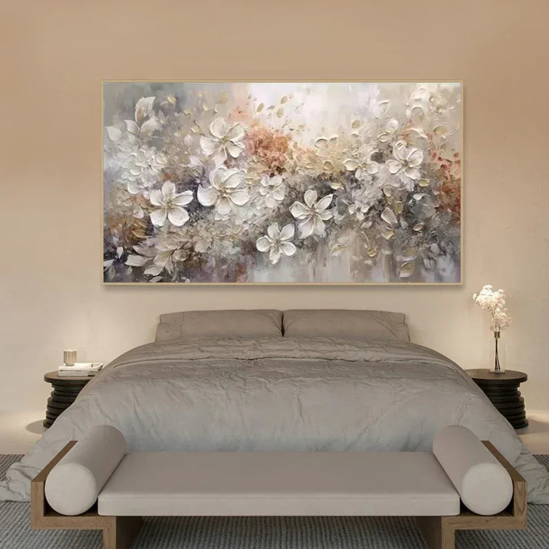 Elegant Bloom Symphony Canvas-Minimally Abstract Gold and White Floral Wall Art#FL10010