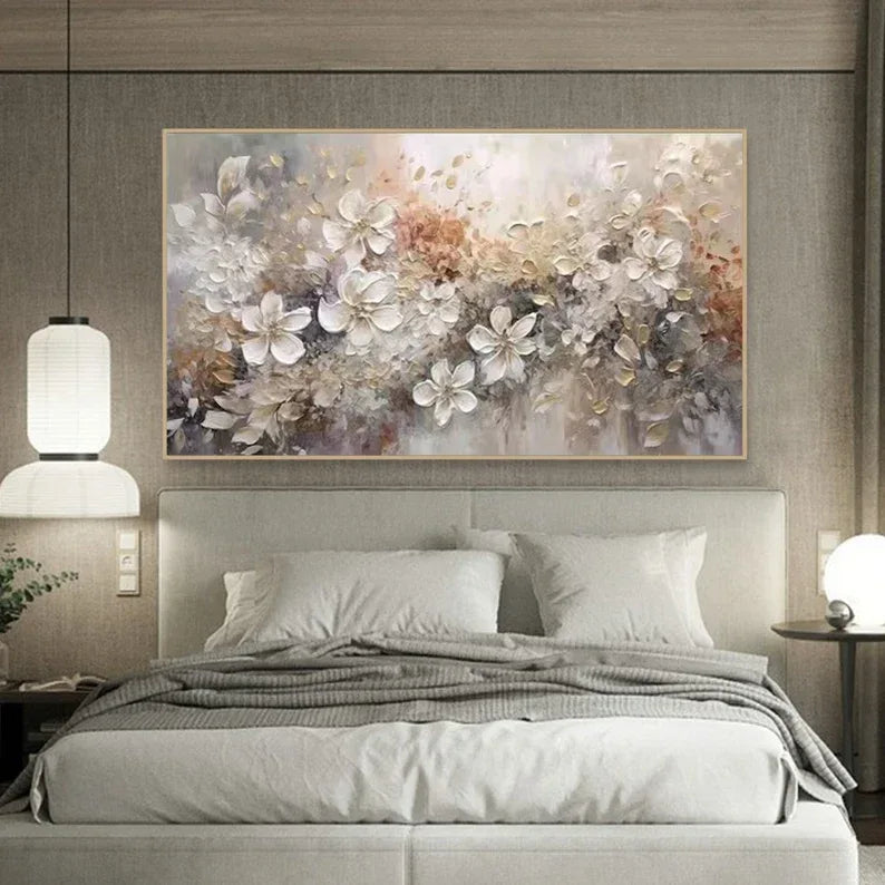 Elegant Bloom Symphony Canvas-Minimally Abstract Gold and White Floral Wall Art#FL10010