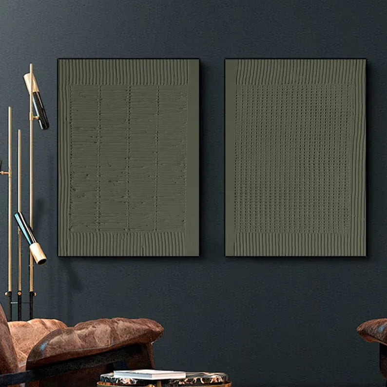 Olive Abstract Textures-Minimalist Olive Green Textured Wall Art Set OF 2