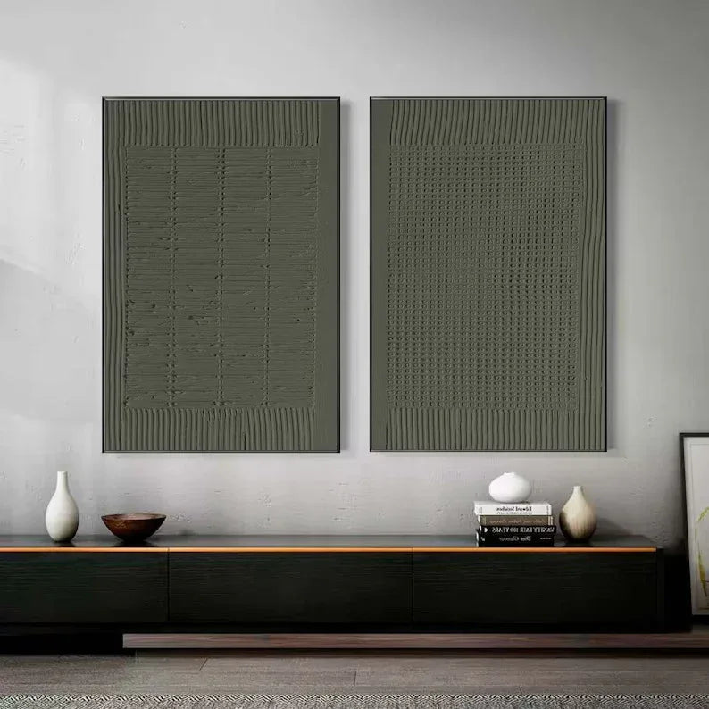 Olive Abstract Textures-Minimalist Olive Green Textured Wall Art Set OF 2