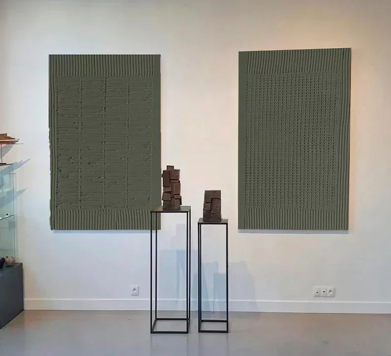 Olive Abstract Textures-Minimalist Olive Green Textured Wall Art Set OF 2