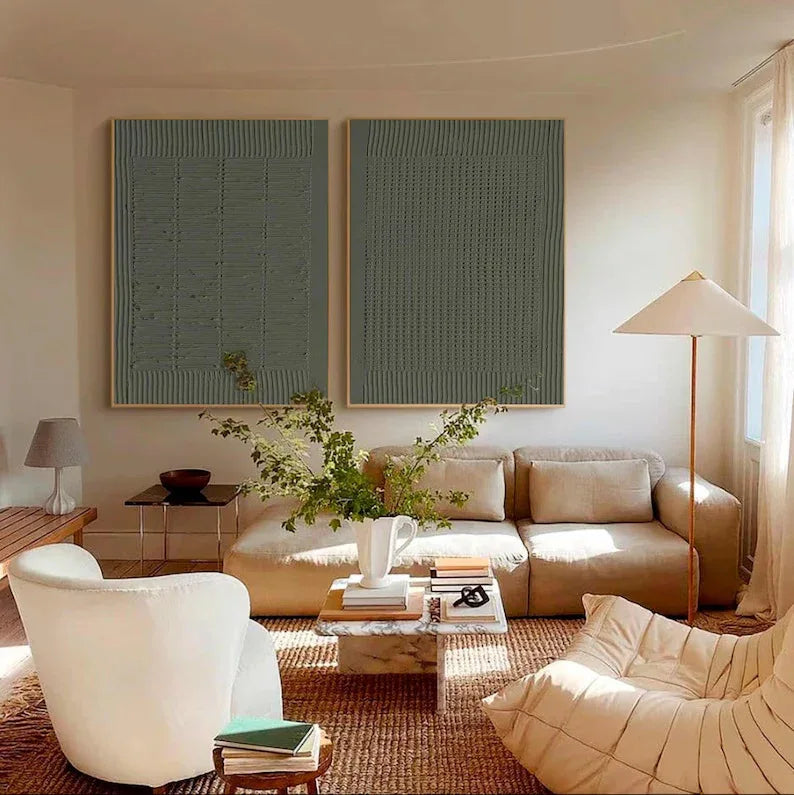 Olive Abstract Textures-Minimalist Olive Green Textured Wall Art Set OF 2