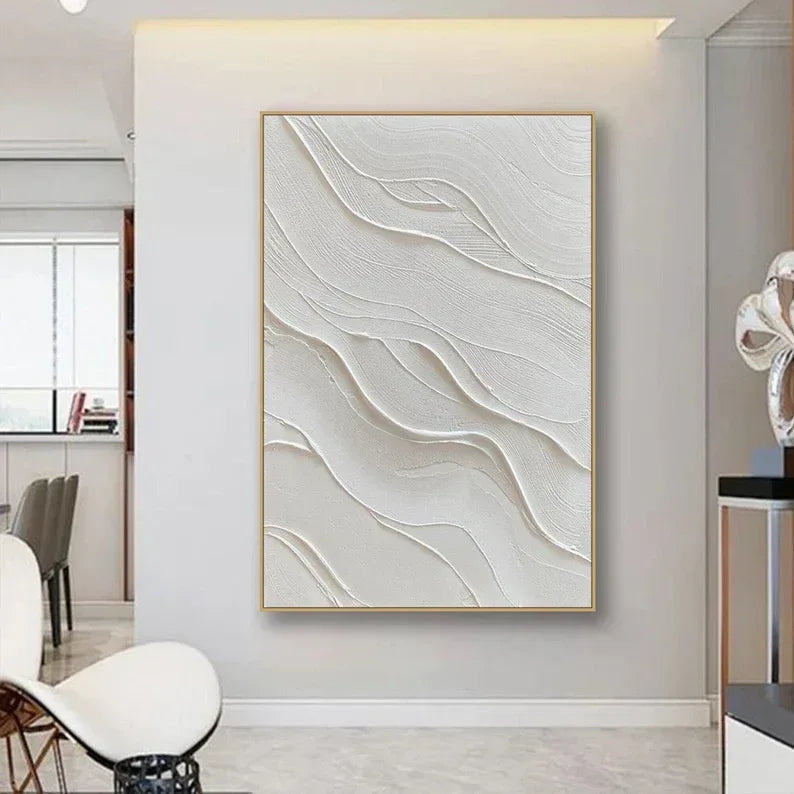 Serene Waves Textured Canvas-Hand Drawn Three-Dimensional White Wave Wall Art for Minimalist Home Decoration