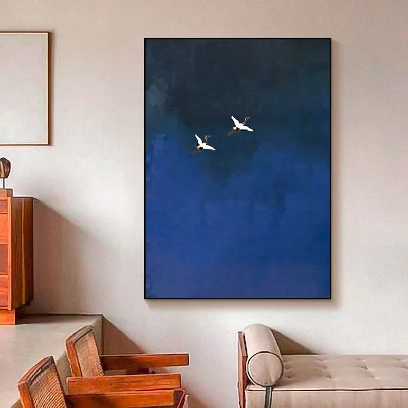 Minimalist Blue Crane Oil Painting – Tranquil Asian-Inspired Wall Art