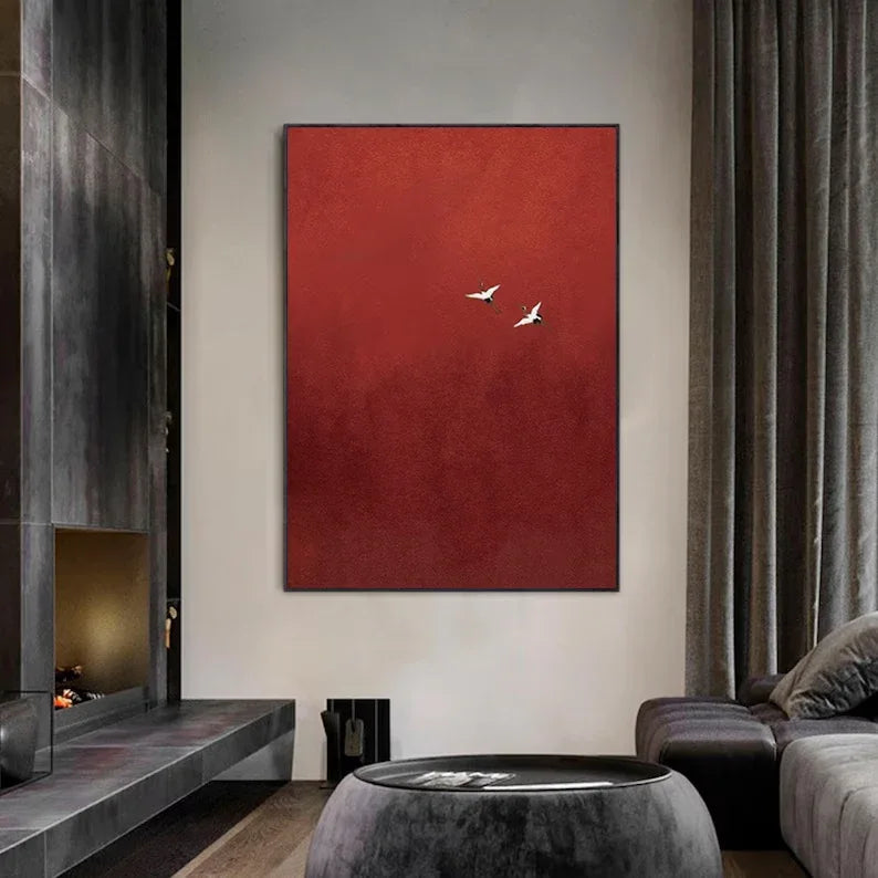Minimalist Red Crane Painting – Asian-Inspired Modern Wall Art